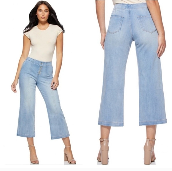 Sofia Vergara Women's Luisa Wide Leg Exposed Buttonfly Crop Denim Blue Jeans 10 - Picture 1 of 6